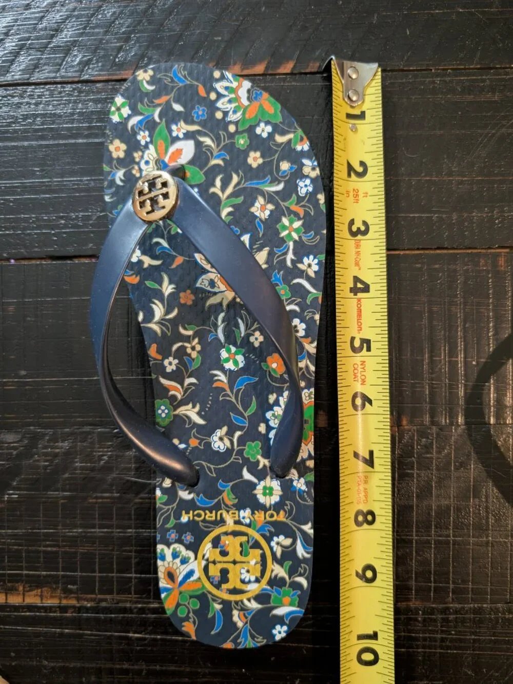 Tory Burch Navy Blue Floral Flip Flops, Size 9
